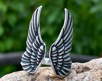 Angel wing ring Feather Ring sterling silver angel wing ring Silver Feather ring Antiqued silver ring Oxidized angel wing earrings