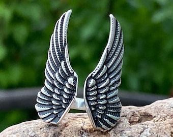 Angel wing ring Feather Ring sterling silver angel wing ring Silver Feather ring Antiqued silver ring Oxidized angel wing earrings