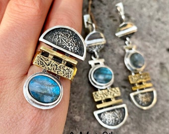 Set di gioielli in argento sterling placcato oro con labradorite