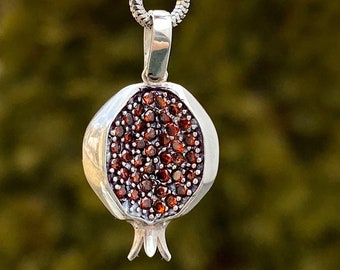 Silver Pomegranate Necklace: Zircon Persephone Pendant, Armenian Jewelry