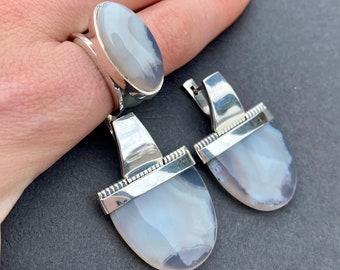 Set di gioielli in pietra lattiginosa, grandi gioielli in agata bianca, set di gioielli in argento sterling bianco, orecchini con pietre enormi