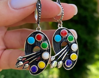 Gioielli con tavolozza artistica Orecchini con tavolozza artistica Anello con tavolozza artistica in argento Gioielli con tavolozza di pittura Anello con tavolozza del pittore Regali per insegnanti d'arte
