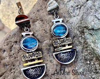 Orecchini pendenti lunghi in labradorite: orecchini alla moda placcati in oro