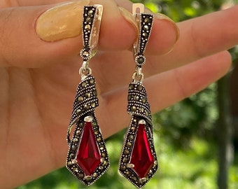 Garnet Earrings Deep Red Silver Ring Marcasite Dangle Earrings ART DECO Ruby Red Sterling Silver Party Earrings Red dangle Red drop