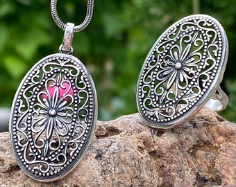 Filigree jewellery Oval silver jewelry set Sterling Silver lightwear jewelry Armenian Jewelry Filigree pendant Filigree ring Vintage Jewelry