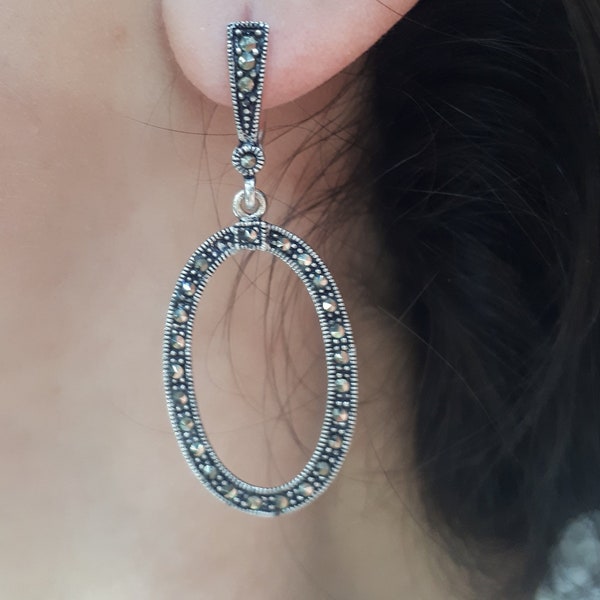 Oval dangle earrings Marcasite Dainty silver earrings Flakes of silver Armenian silver jewelry  oval drop earrings Gift for her