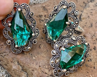 Vintage Emerald Green Marcasite Ring and Earrings Set