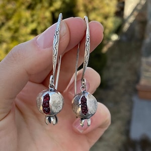 Pomegranate earrings Silver Persephone earrings Pomegranate jewelry Armenian jewelry Hammered Pomegranate earrings Long Pomegranate earrings