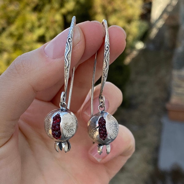 Pomegranate earrings Silver Persephone earrings Pomegranate jewelry Armenian jewelry Hammered Pomegranate earrings Long Pomegranate earrings