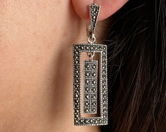 Rectangular Long Earrings VINTAGE silver dangle earrings LARGE earrings shimmering marcasite earrings high quality silver gift for women