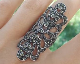 Full finger ring large silver ring marcasite huge ring extra large ring vintage statement ring armenian jewelry gift for women coctail ring