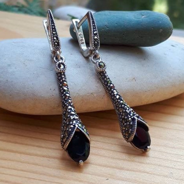 Dainty black silver earrings black drop earrings silver drop earrings marcasite drop earrings easywear black earrings Armenian silver