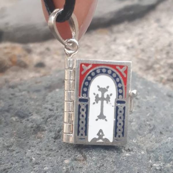 HOLY BIBLE pendant Armenian Testament book pendant Enamel Holy The  Bible Christianity our LORD prayer Sterling silver pendant with 3 pages