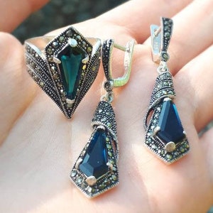 Sapphire jewelry Marcasite Silver Ring and Drop Earrings: Vintage Blue Jewelry Set