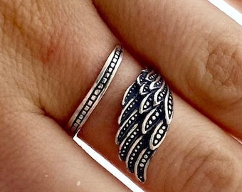 Handmade Sterling Silver Angel Wing Ring - Adjustable Boho Jewelry