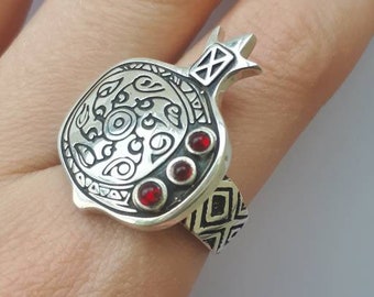 Silver Pomegranate Ring: Garnet Accent, Armenian Jewelry