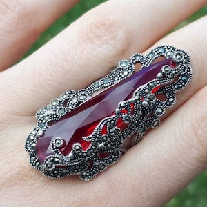 Vintage Marcasite Red Stone Ring: Long Silver Statement Ring