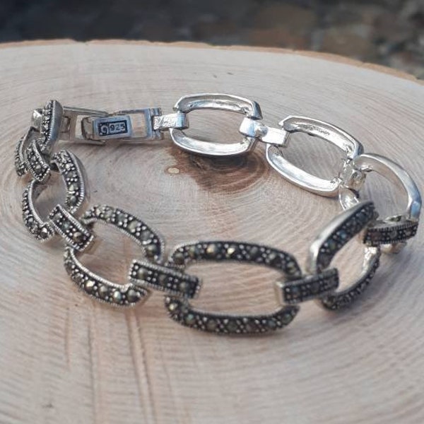 Marcasite Bracelet Vintage  Silver Bracelet Armenian Silver Marcasite Bracelet Rectangular Links Art Deco Bracelet Fold Over Clasp