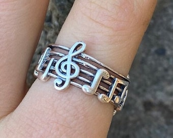 Anello con note musicali, chiave di violino, anello in argento, regalo per musicista, anello con note musicali, regalo per amante della musica, anello con chiave di violino in argento ossidato
