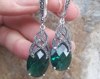 Luxurious earrings Long Drop Earrings Marcasite Sterling silver Art deco drop earrings Armenian silver Jade stone green evening earrings