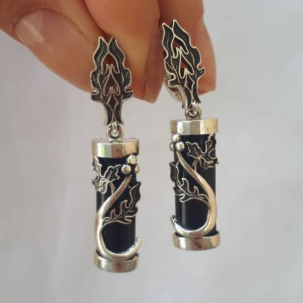 Branch black earrings Black Oak Twig earrings Victorian black dangle Silver Leave Earrings Root Earrings Black onyx dangle earrings