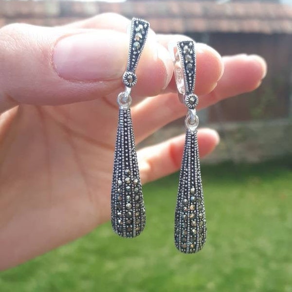 Wedding Drop Earrings Silver drop earrings Long drop Marcasite Jewelry Simple Marcasite Ring Dainty Drop Earrings Small Ring