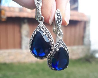 Sterling Silver Sapphire Drop Earrings: Marcasite Evening Jewelry