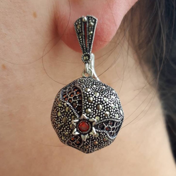 Pomegranate Earrings ARMENIAN Marcasite silver earrings Armenian SYMbolic fruit Earrings Statement Silevr Jewelry  symbol of FAMILY unity