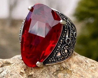 Dark Red statement ring Red crystal ring Silver Red ring Red Cocktail ring Red marcasite ring Huge red ring