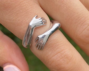 Anello d'argento per abbracciare, anello per innamorati, anello per mani