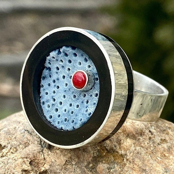 Blue coral ring Blue sponge coral jewelry Round blue coral jewelry Denim blue jewelry Fossil coral jewelry  Rare stone