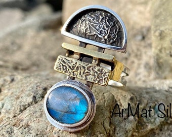 Anello in argento sterling placcato oro, anello in argento con labradorite, anello in pietra blu naturale, anello in argento con pietra arcobaleno, anello geometrico in argento ossidato