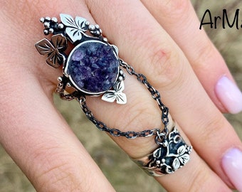 Anello con ametista Anello per dito intero Doppio anello Catena Anello per nocca Doppio anello con catena Anello con pietra portafortuna di febbraio Anello con fiore di ametista