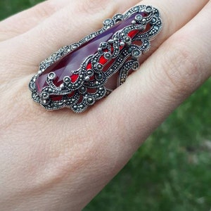 Huge Red Ring Ruby Ring Long Ring Boho Ring Vintage Red Ring Silver ...