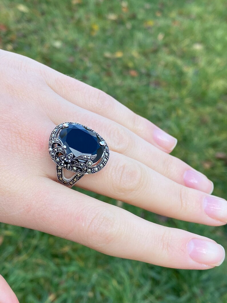 Luxury Black Stone Ring Circle Ring Black Marcasite Ring Etsy