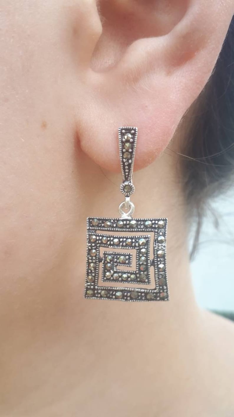 Square earrings Silver Marcasite earrings Square ring Vintage jewelry Armenian marcasite Sterling silver Gift for daughter gift for mother