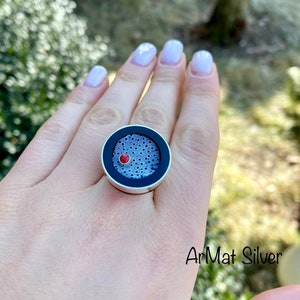 Blue coral ring Blue sponge coral jewelry Round blue coral jewelry Denim blue jewelry Fossil coral jewelry Rare stone image 3