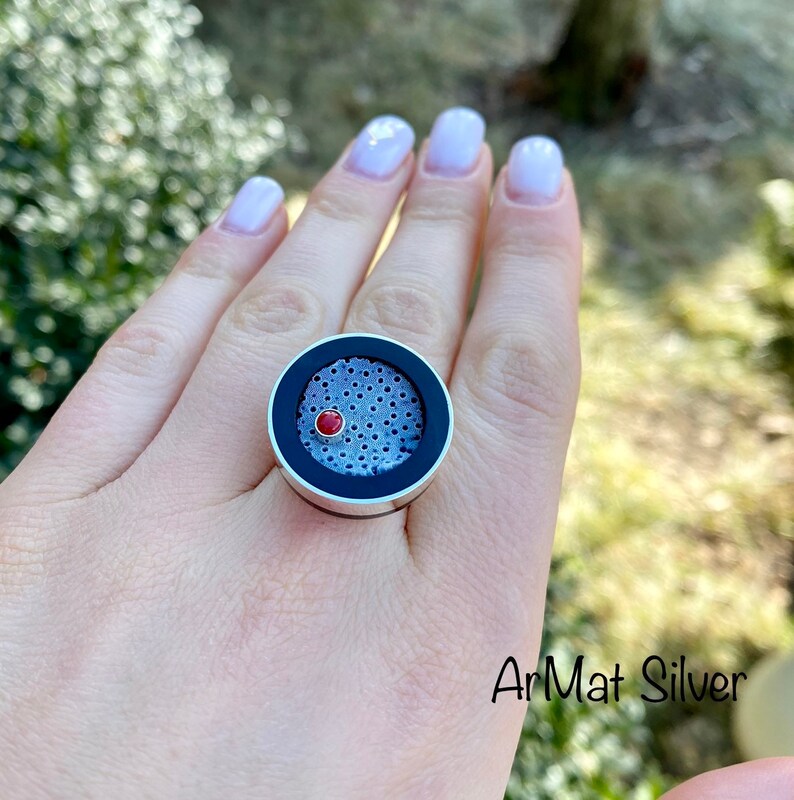 Blue coral ring Blue sponge coral jewelry Round blue coral jewelry Denim blue jewelry Fossil coral jewelry Rare stone image 3