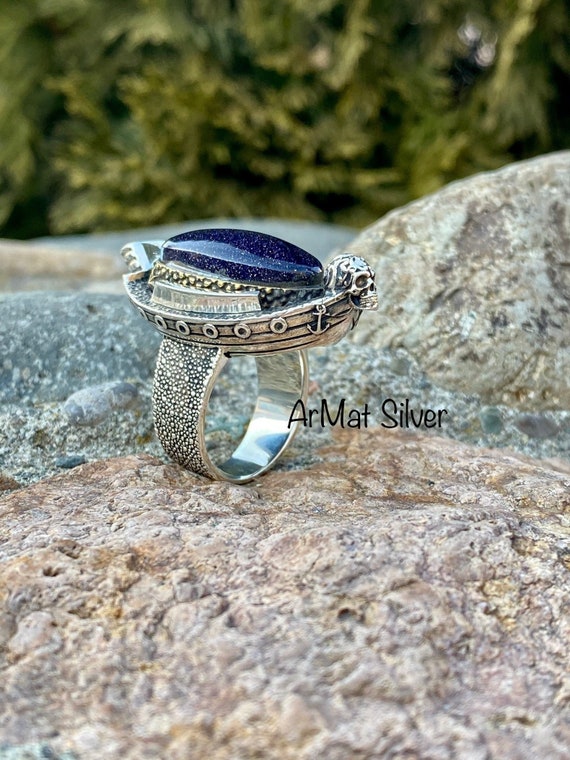 Aventurine Ring Ship Ring Skull Ring Blue Aventurine Jewelry Pirate Jewelry Ring With Ship Sailing Silver Boat Ring Aventurine Large Ring Etsy Ireland