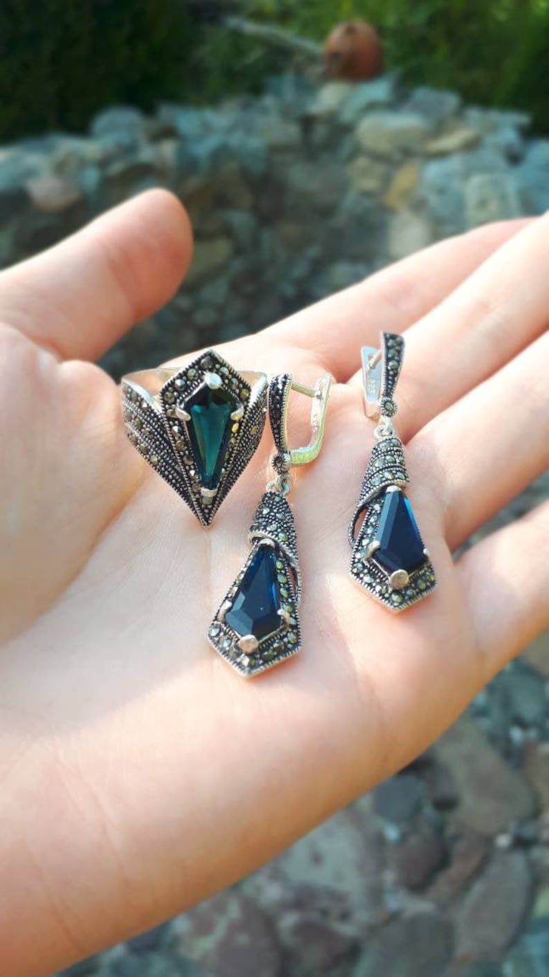 Saffiersieraden Marcasiet zilveren ring en oorbellen: vintage blauwe sieradenset afbeelding 1