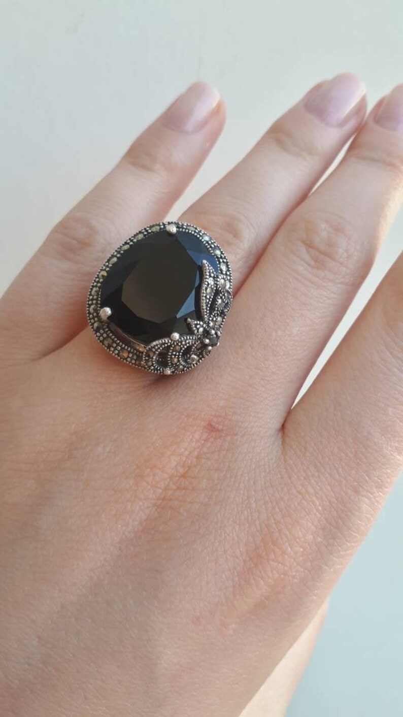Luxury Black Stone Ring Circle Ring Black Marcasite Ring Vintage Black ...