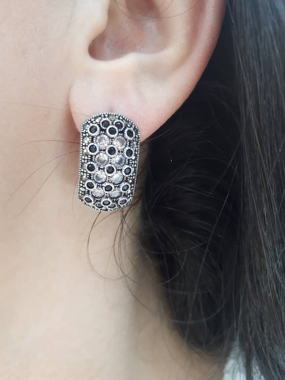 Marcasite Silver English Lock Earrings Rectengle Shape Ring Etsy