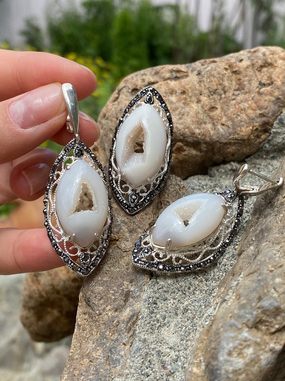 Silver agate earrings sale
