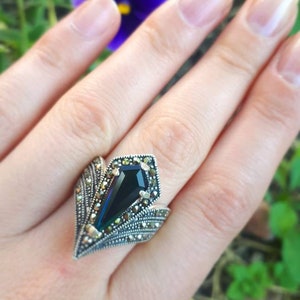 Saffiersieraden Marcasiet zilveren ring en oorbellen: vintage blauwe sieradenset afbeelding 9