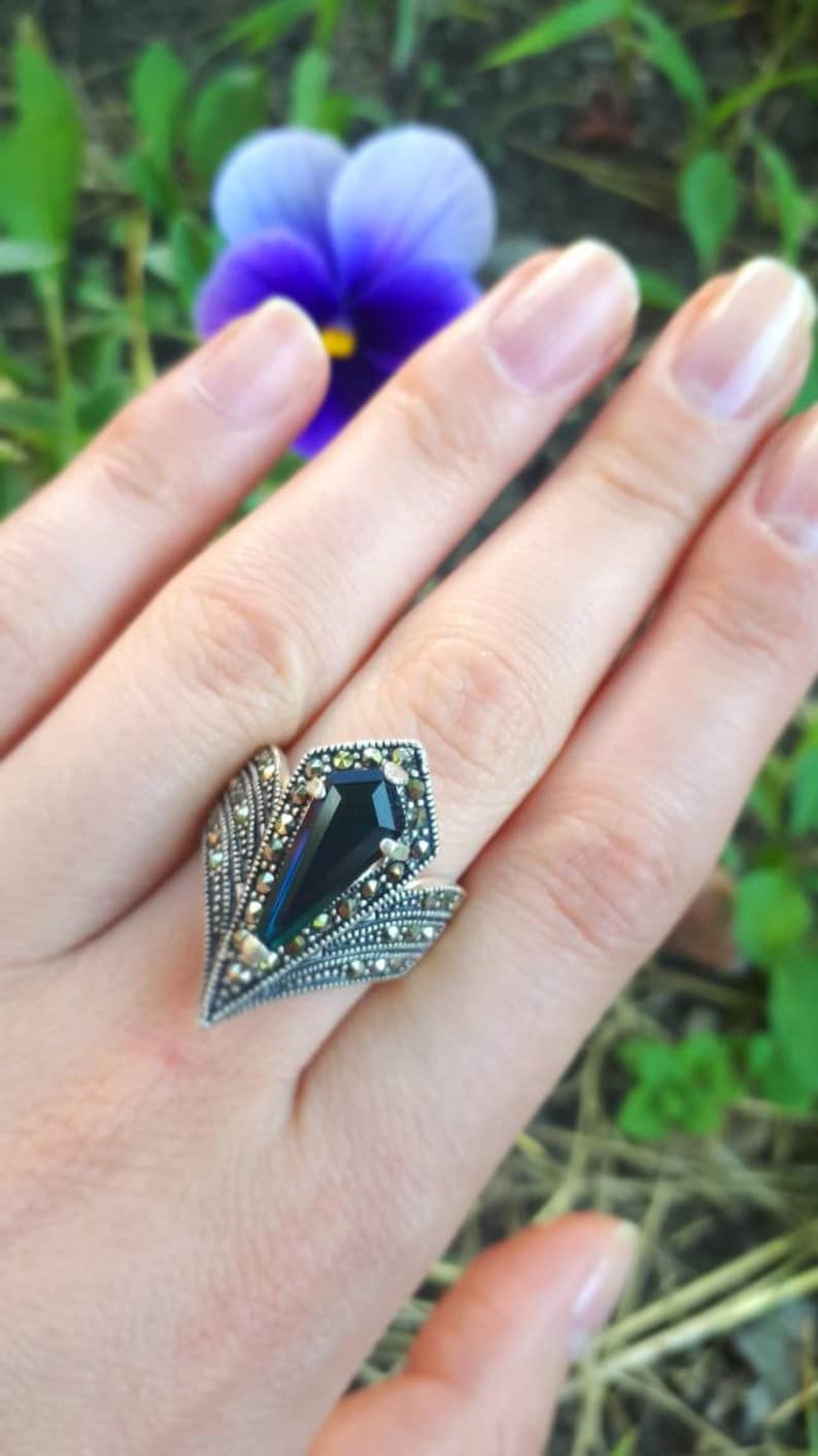 Saffiersieraden Marcasiet zilveren ring en oorbellen: vintage blauwe sieradenset afbeelding 9