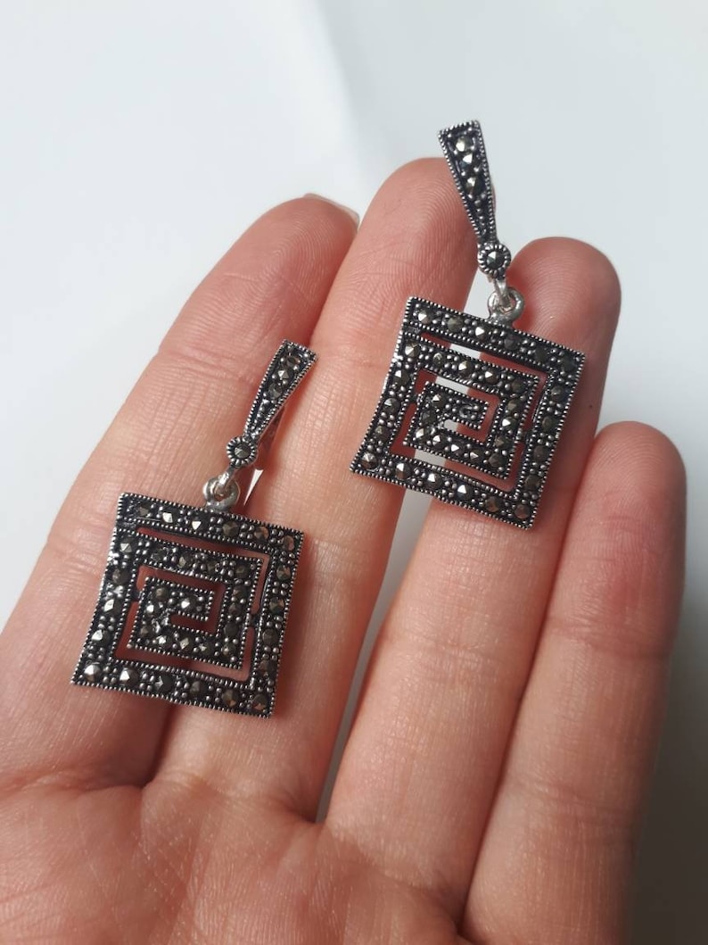 Square earrings Silver Marcasite earrings Square ring Vintage jewelry Armenian marcasite Sterling silver Gift for daughter gift for mother