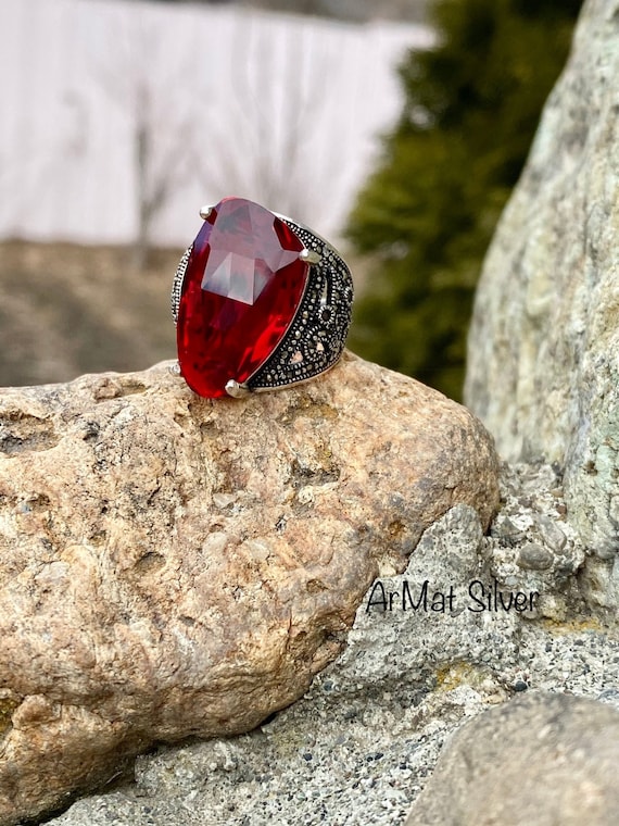 Star Ruby Ring 925 Sterling Silver Dark Red Stone Adjustable Sizes Yaqoot  Yaqut | eBay