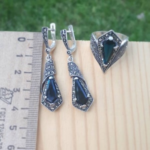 Saffiersieraden Marcasiet zilveren ring en oorbellen: vintage blauwe sieradenset afbeelding 5