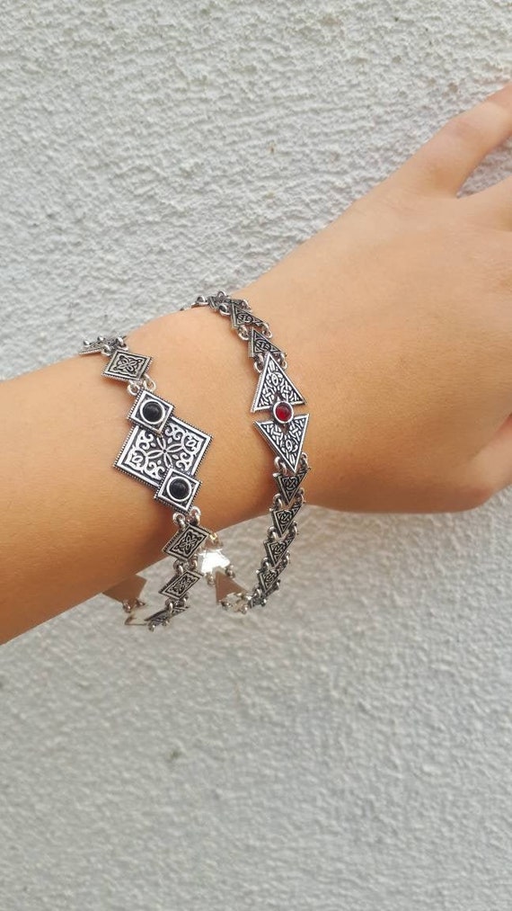 Bracelet Poignet Arménien En Obsidienne Noire Et Filigrane Métal - Neuf Sans Emballage