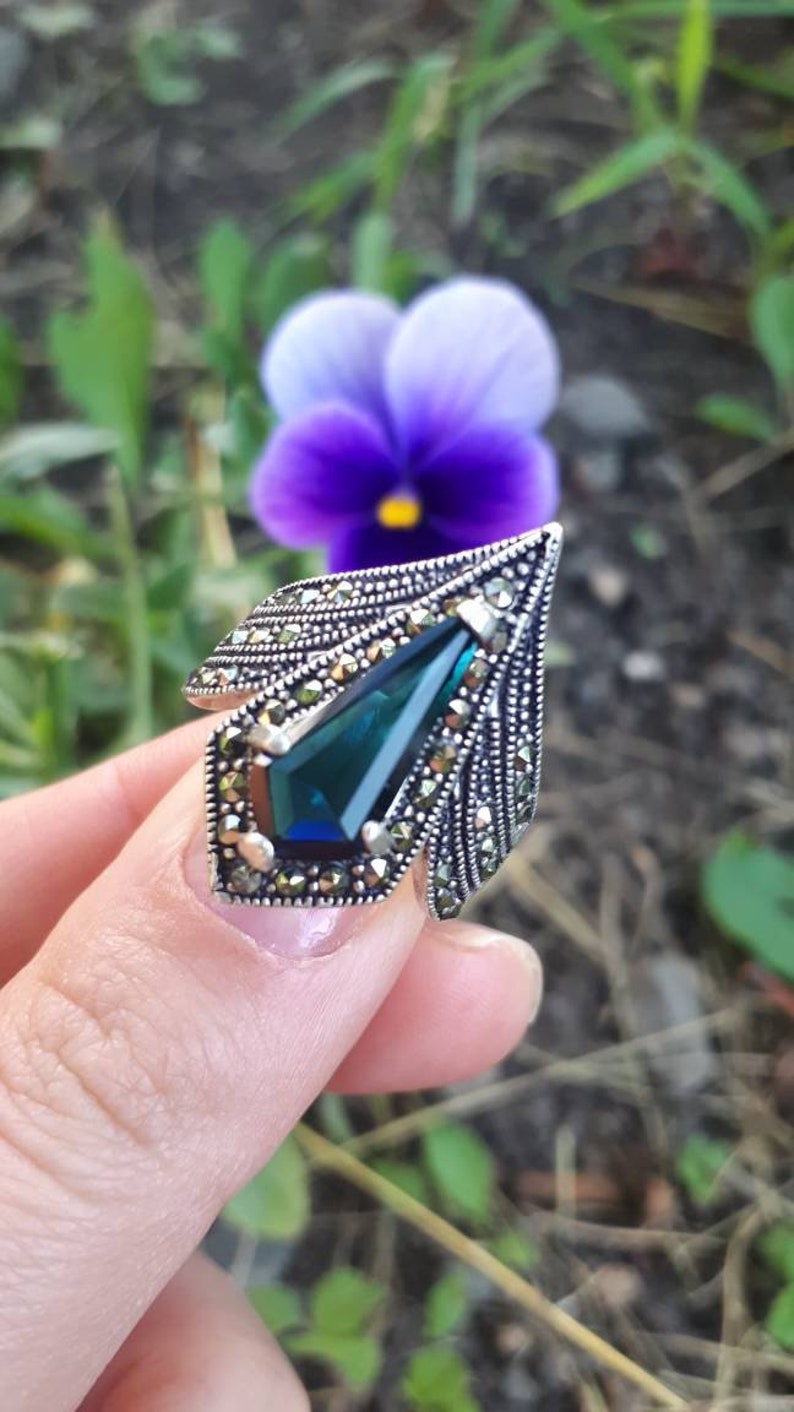 Saffiersieraden Marcasiet zilveren ring en oorbellen: vintage blauwe sieradenset afbeelding 4